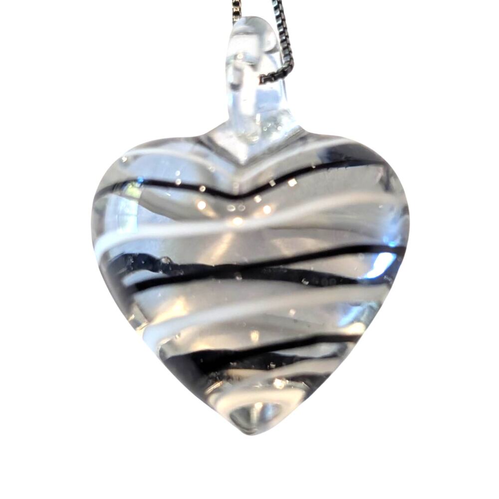 Murano Style Art Glass Heart Necklace Striped Pendant Sterling Silver Chain